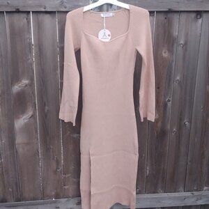Midi dress knit bodycon long sleeve tan neutral women's large NWT